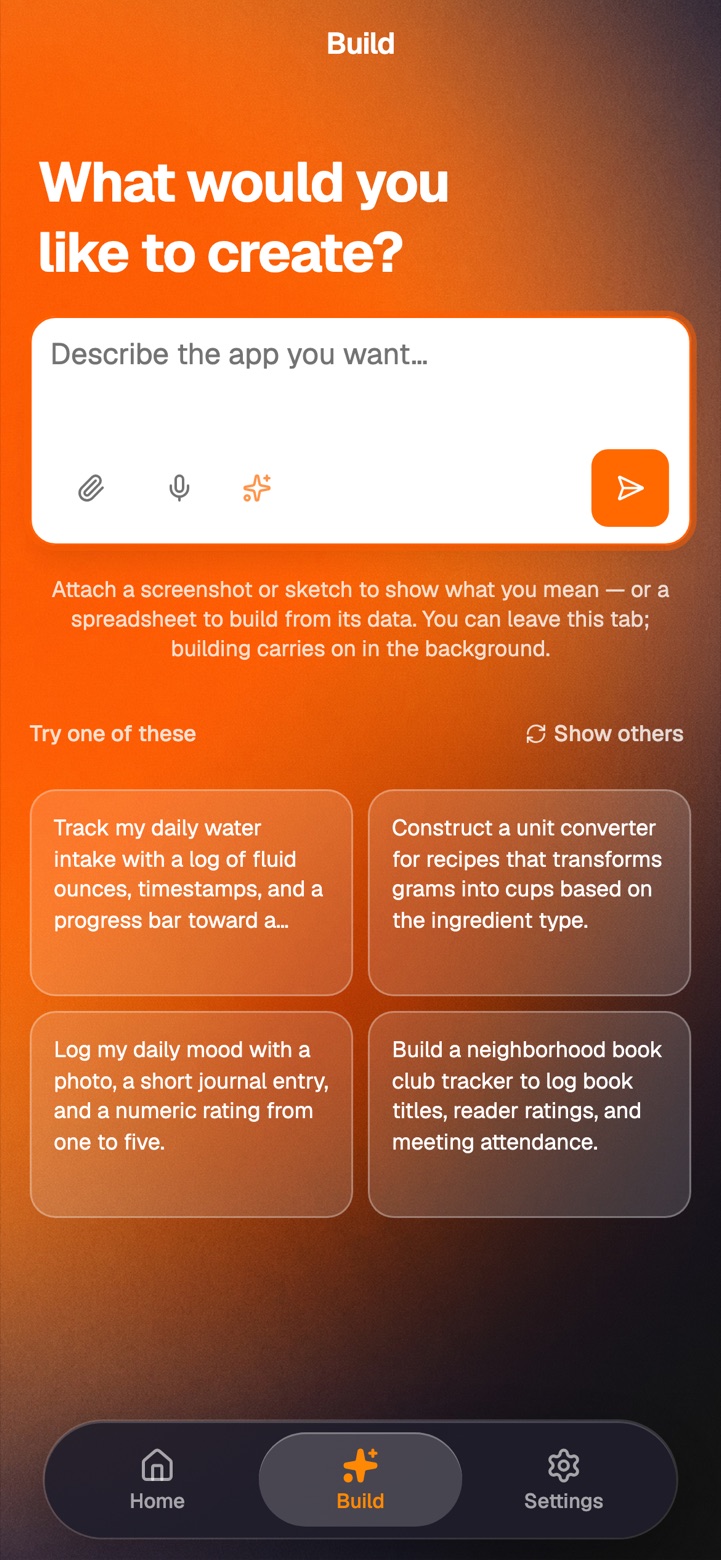 Betalaunch: the Build screen — What would you like to create?