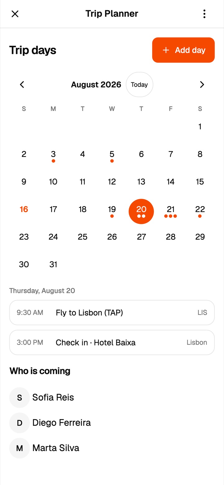 A Trip Planner app showing a month calendar with trip days