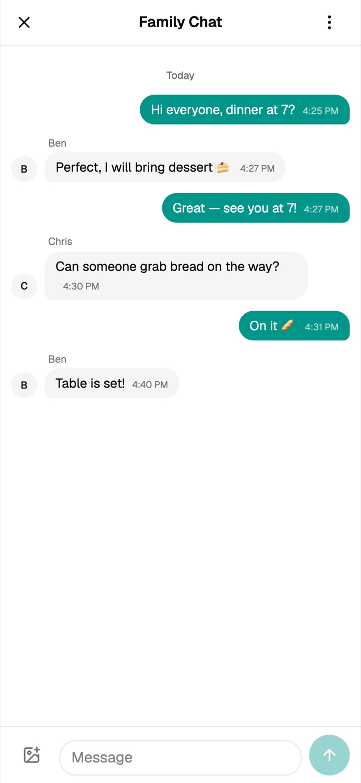 A family chat with messages from three people